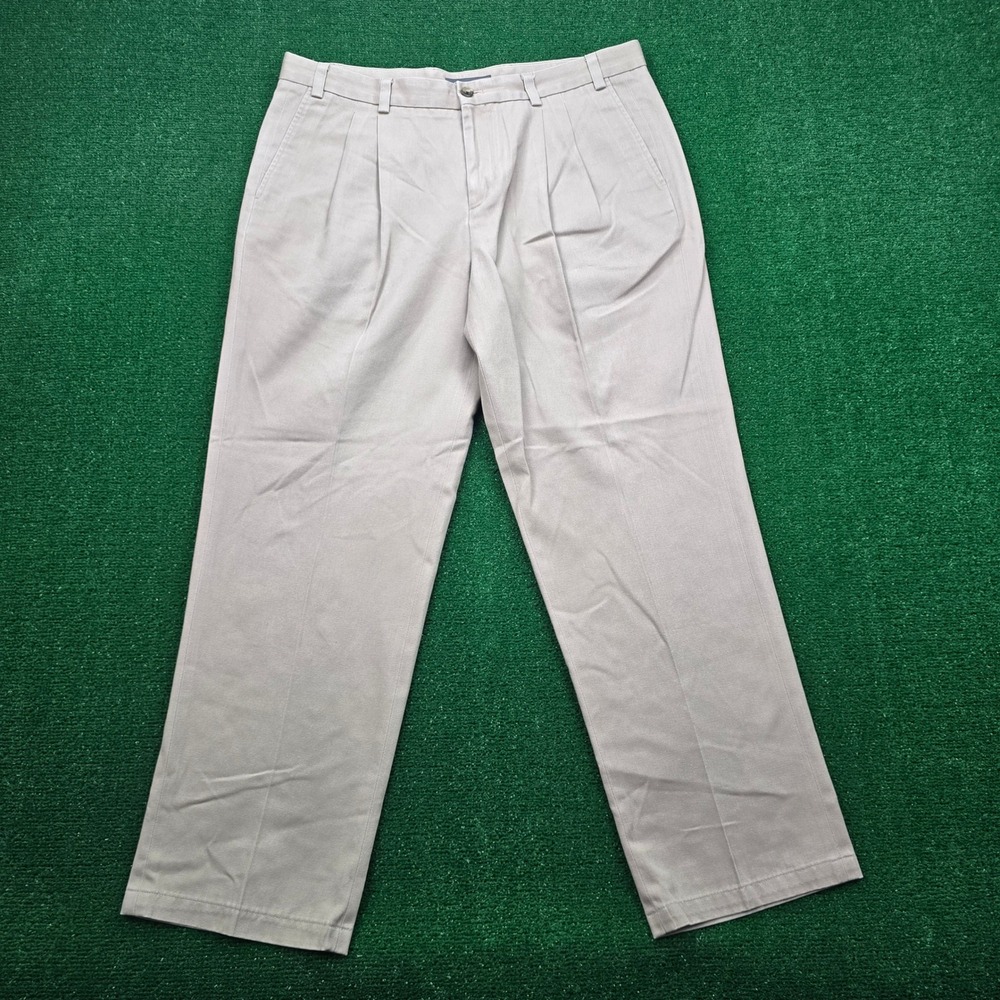 Eddie Bauer Pants Mens 38x32 Beige Khaki Pleated Wrinkle Free Relaxed Fit Casual